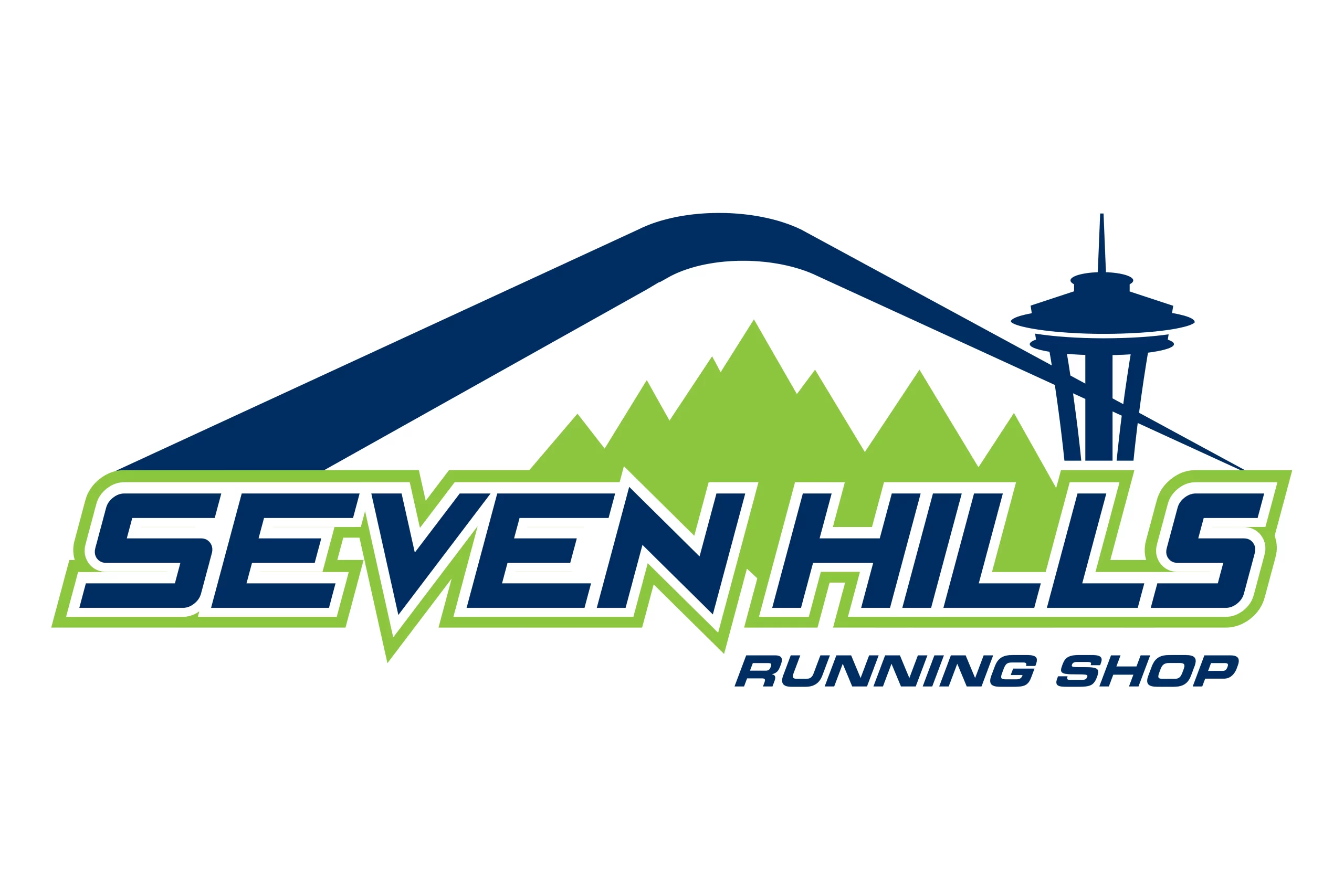 Seven Hills Running Shop logo featuring a modern graphic representation of seven green hills behind the words Seven Hills Running Shop in bold blue and green lettering. An arch over the top of the words symbolizes a stylized mountain and the Seattle Space Needle is included on the right.