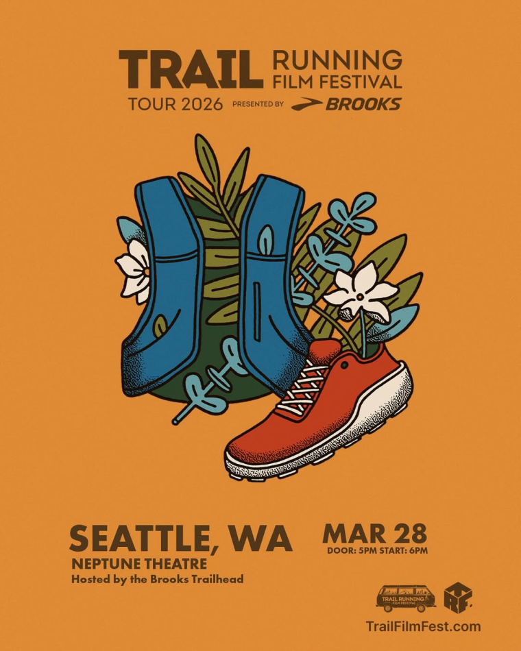 2026 Trail Running Film Festival | Seattle WA | March 28th orange poster with illustration of a trail running vest, trail running shoes, flowers and foliage.