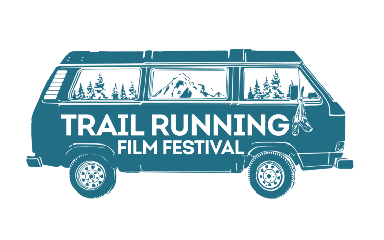 Trail Running Film Festival 2026 logo - an illustration of a camper van with the words "Trail Running Film Festival" emblazoned on the side. A mountain scene with mountain peaks and trees can be seen through the windows.