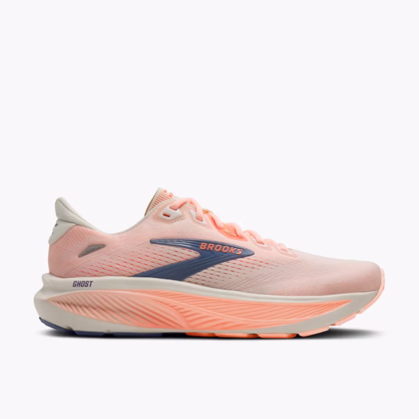 Women's Brooks Ghost 18 neutral road shoe in Star White/Cyber Peach/Grey